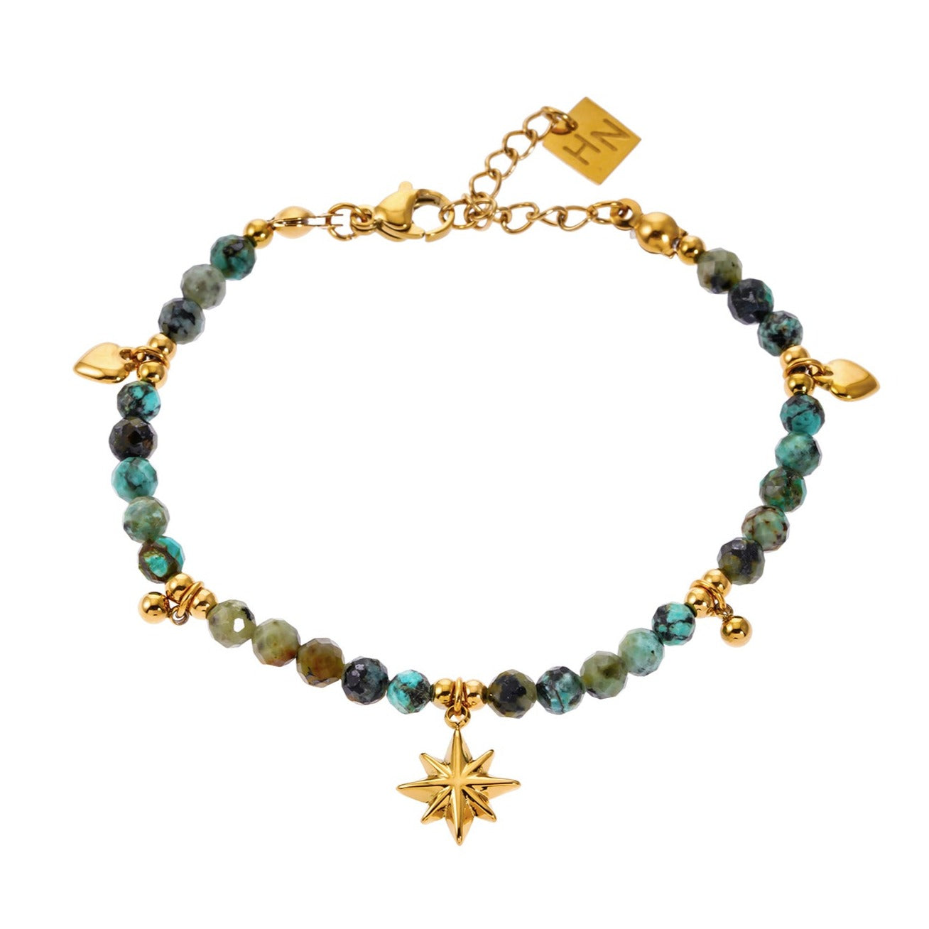 Style KAVYA 8090: Blue Turquoise Stones with Gold Beads & Charms Chain Bracelet.