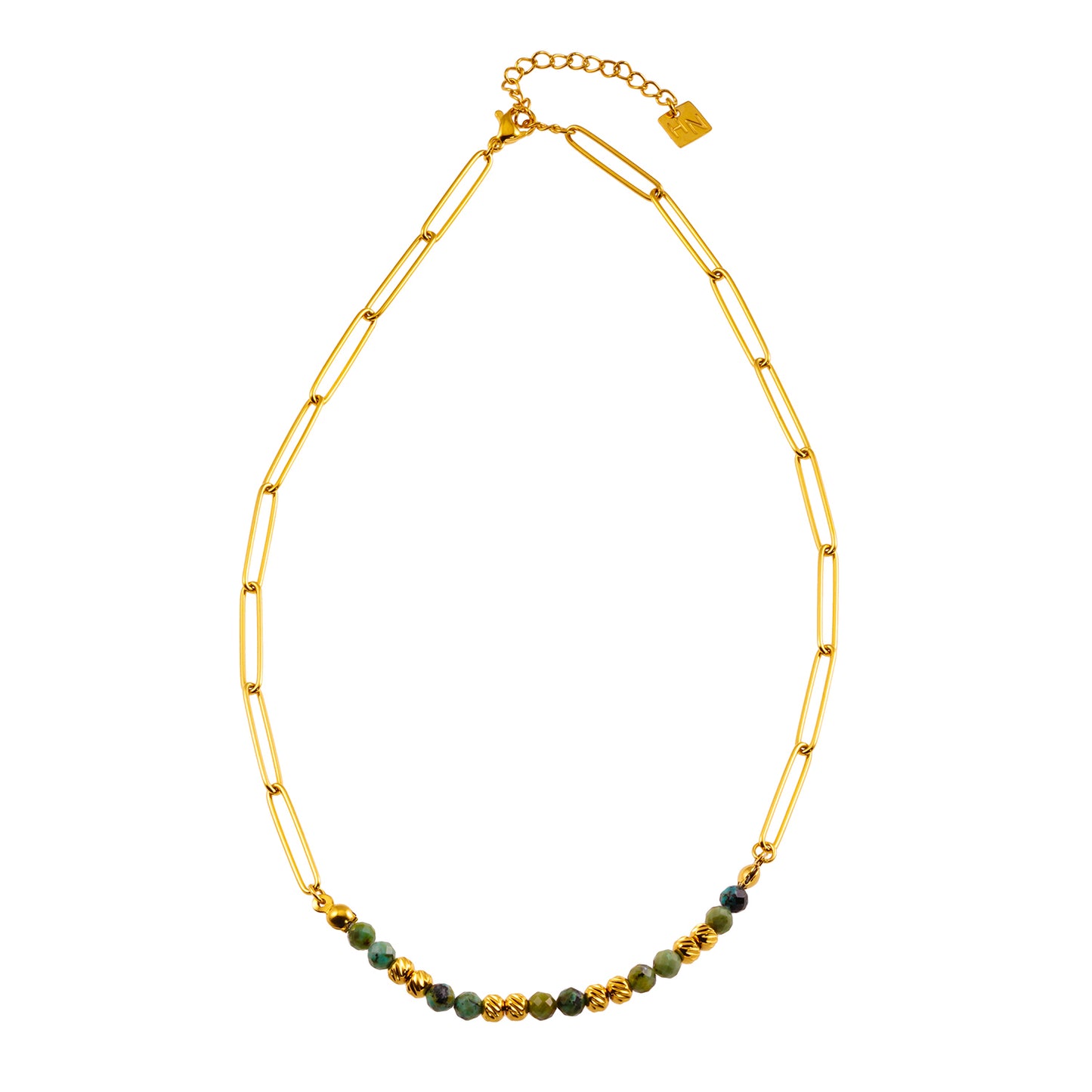 Style LAIMA 6223: African Turquoise Stones & Gold Beaded Paper-Clip Chain Necklace.