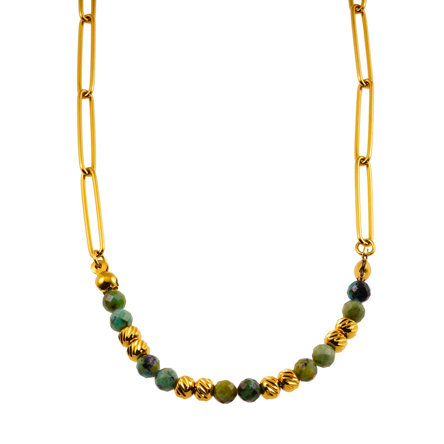 Style LAIMA 6223: African Turquoise Stones & Gold Beaded Paper-Clip Chain Necklace.