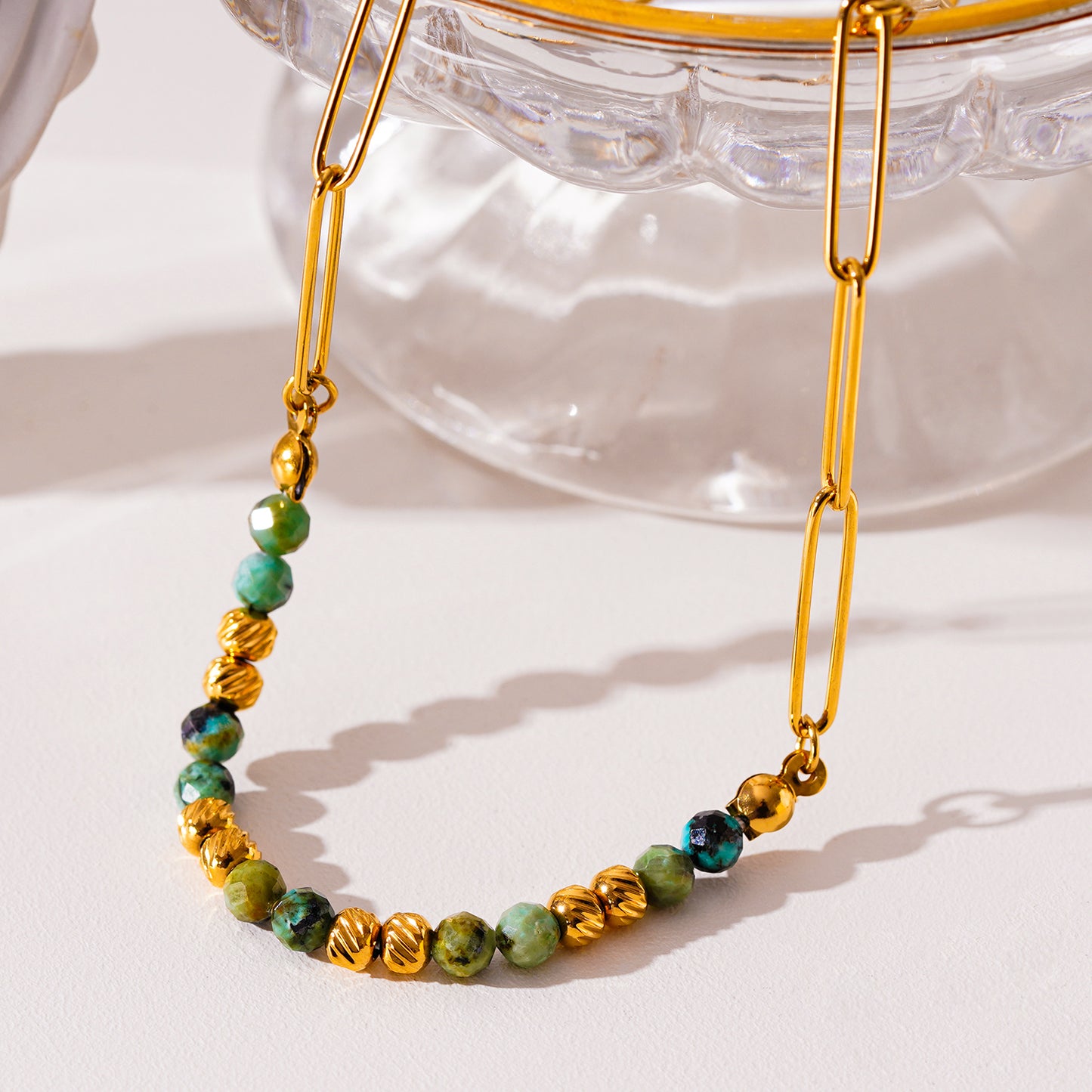 Style LAIMA 6223: African Turquoise Stones & Gold Beaded Paper-Clip Chain Necklace.