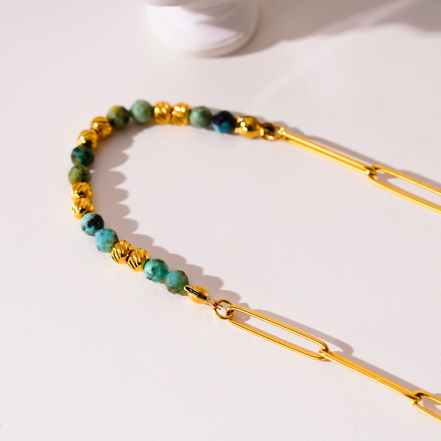 Style LAIMA 6223: African Turquoise Stones & Gold Beaded Paper-Clip Chain Necklace.