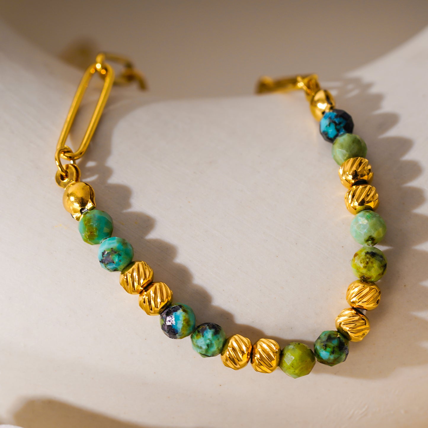 Style LAIMA 6223: African Turquoise Stones & Gold Beaded Paper-Clip Chain Necklace.