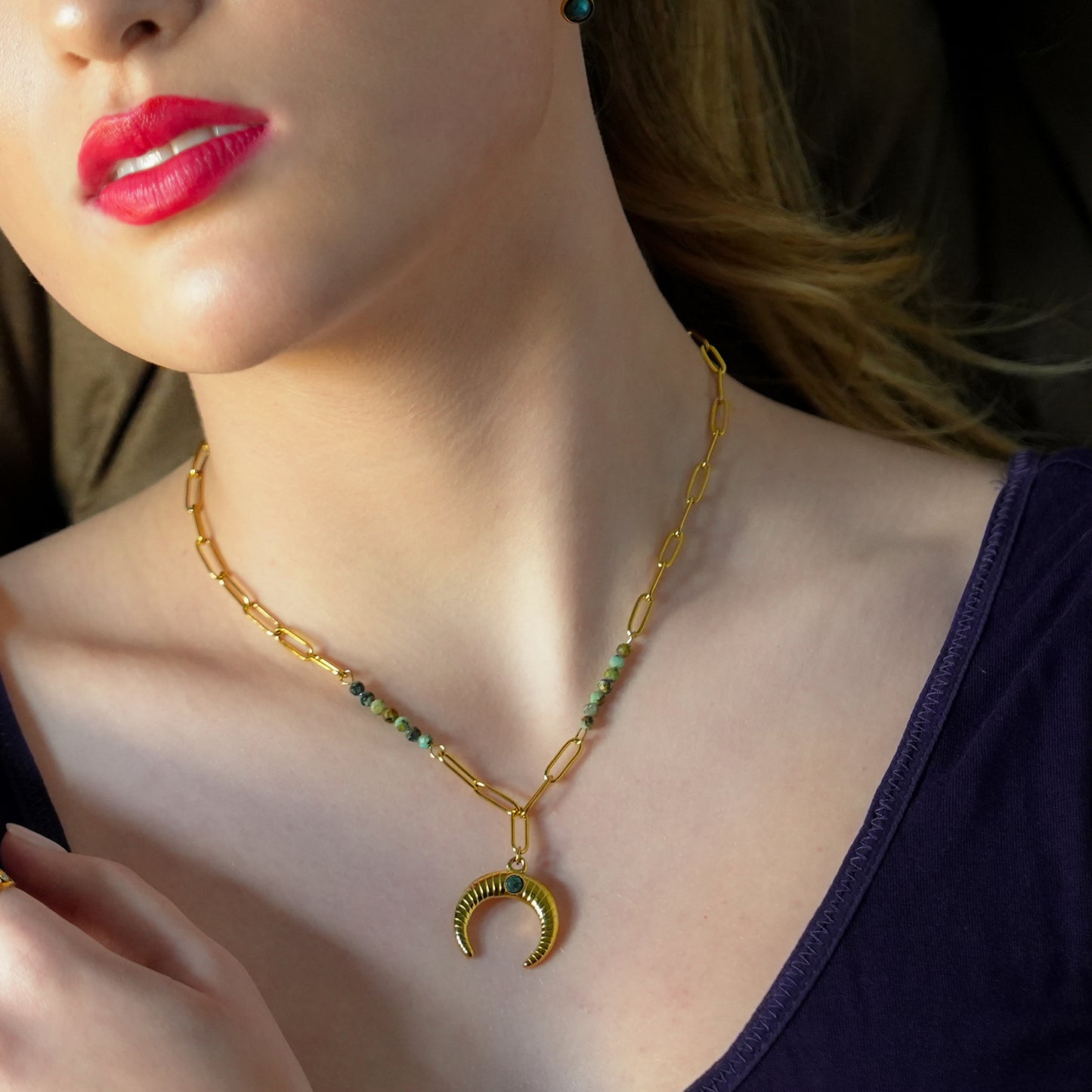 Style LILLE 221011: Boho-Chic African Turquoise Natural Stone Crescent Moon Pendant Gold Necklace.