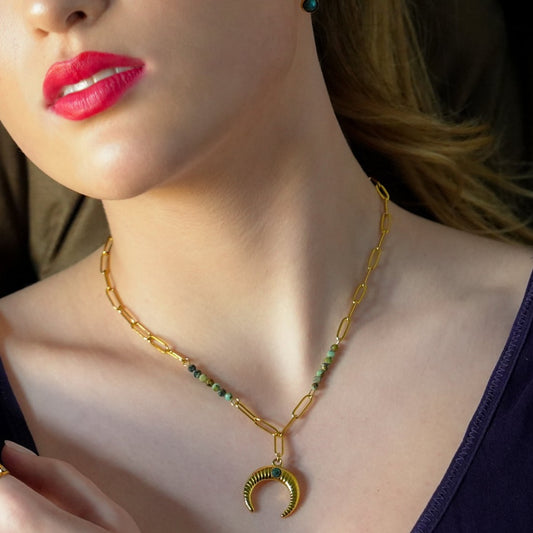 Style LILLE 221011: Boho-Chic African Turquoise Natural Stone Crescent Moon Pendant Gold Necklace.