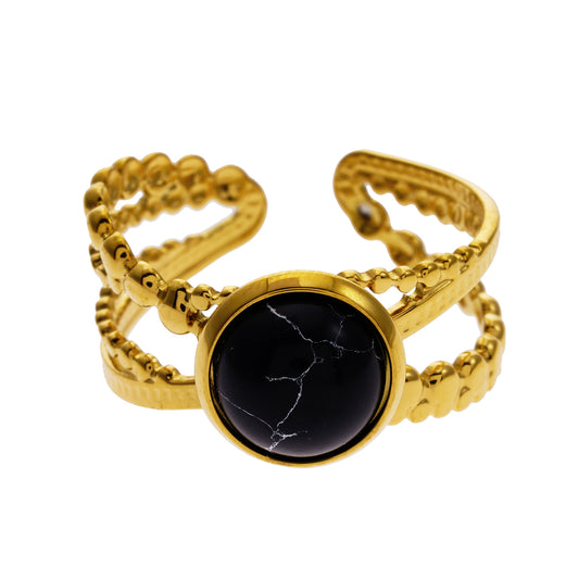 Style MALAYA 0111: Cross Over Stacked Ring with a Black Turquoise Stone Centrepiece.