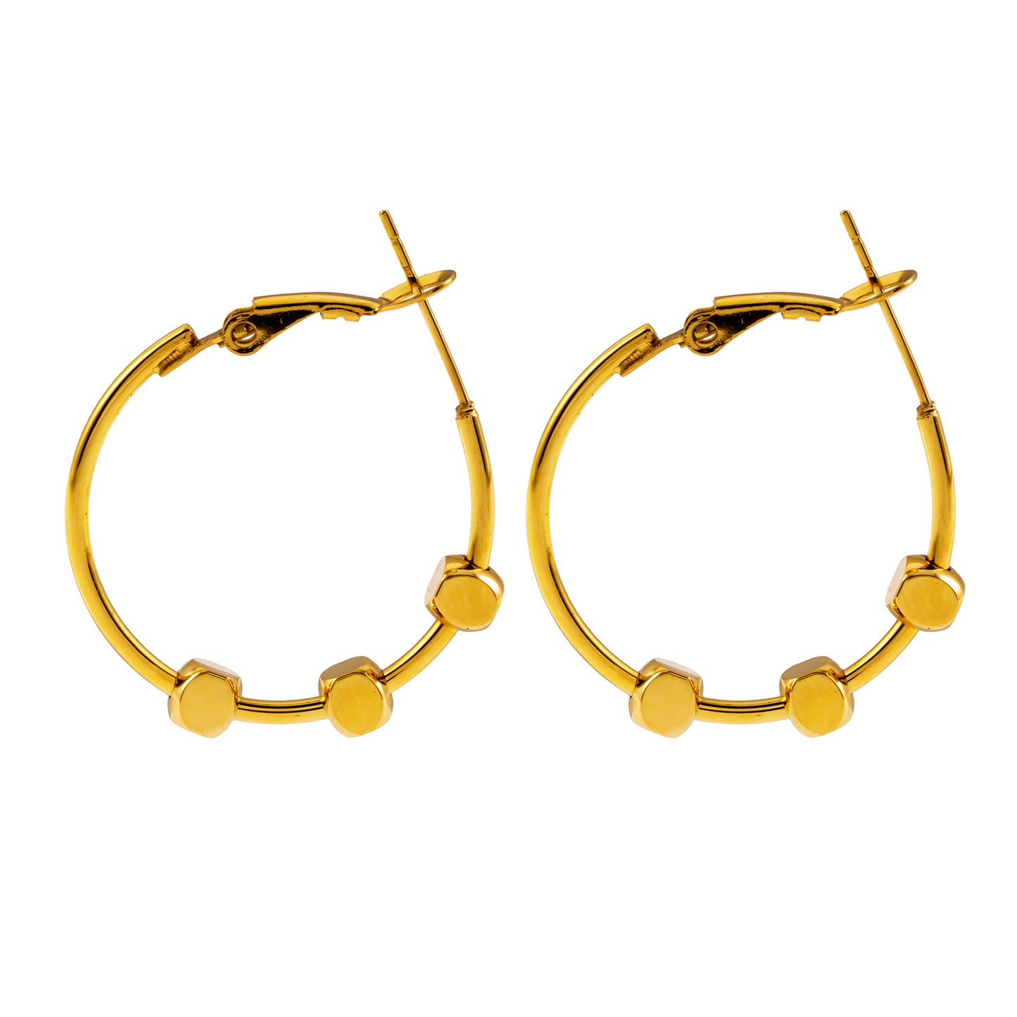 Style MASUYO 1079: Avant-Garde Rounded Hoop Earrings Anchoring a Trio of Square Beads.