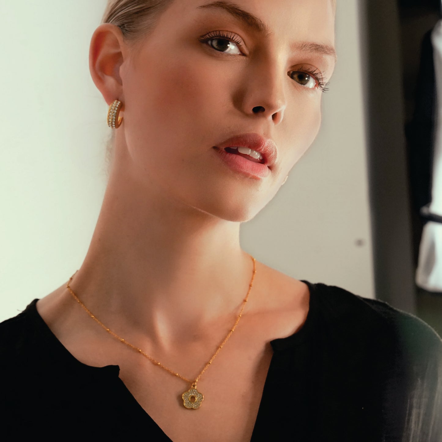 MELRINA Gold Vintage Bloom: Beaded Chain Necklace with Pave Zirconia Flower Charm