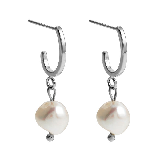 MILANO: Natural Freshwater Pearl J-Bar Drop Earrings in Silver