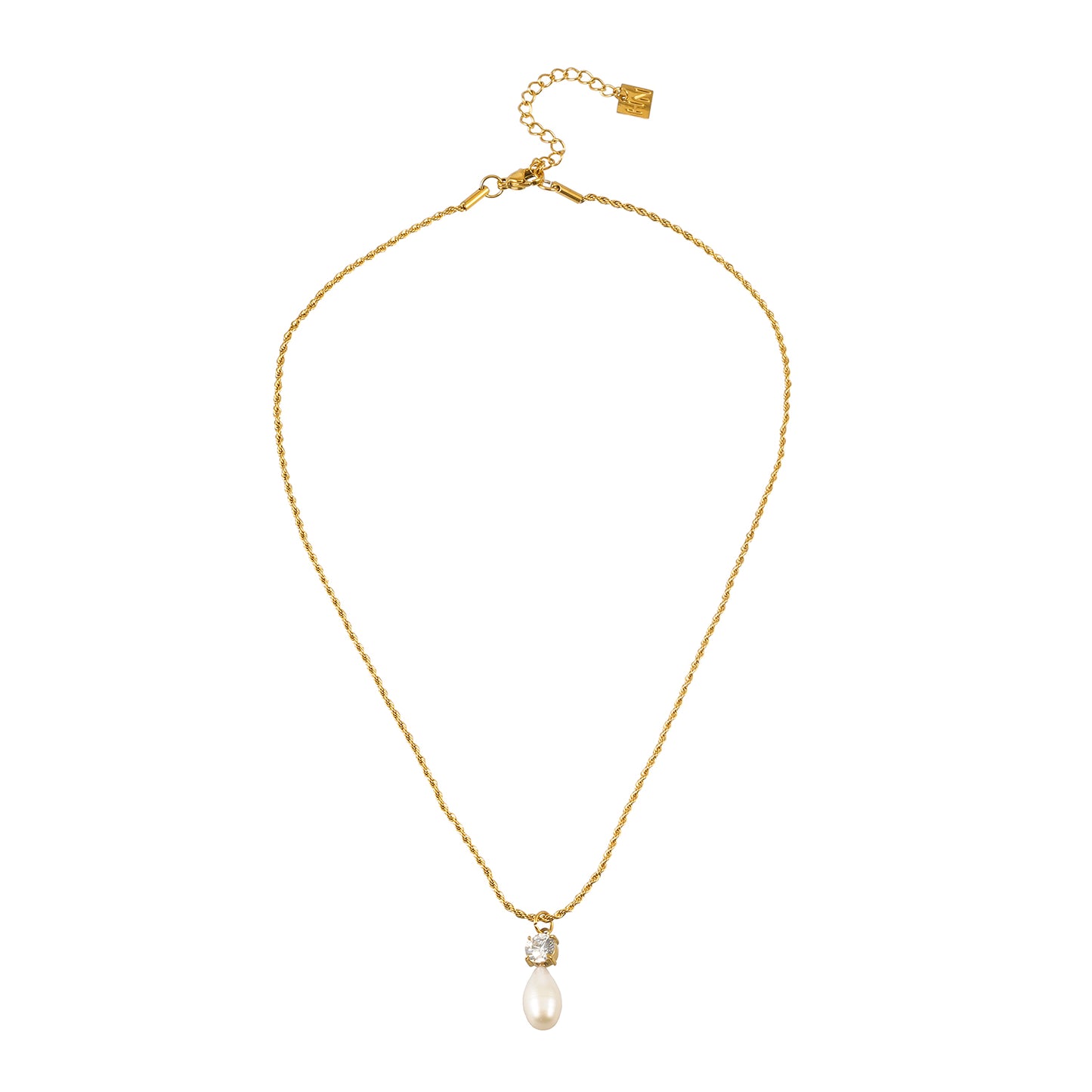 ORSOLIA Gold: Vintage Rope Chain Necklace with Freshwater Pearl & Solitaire Zirconia Charm