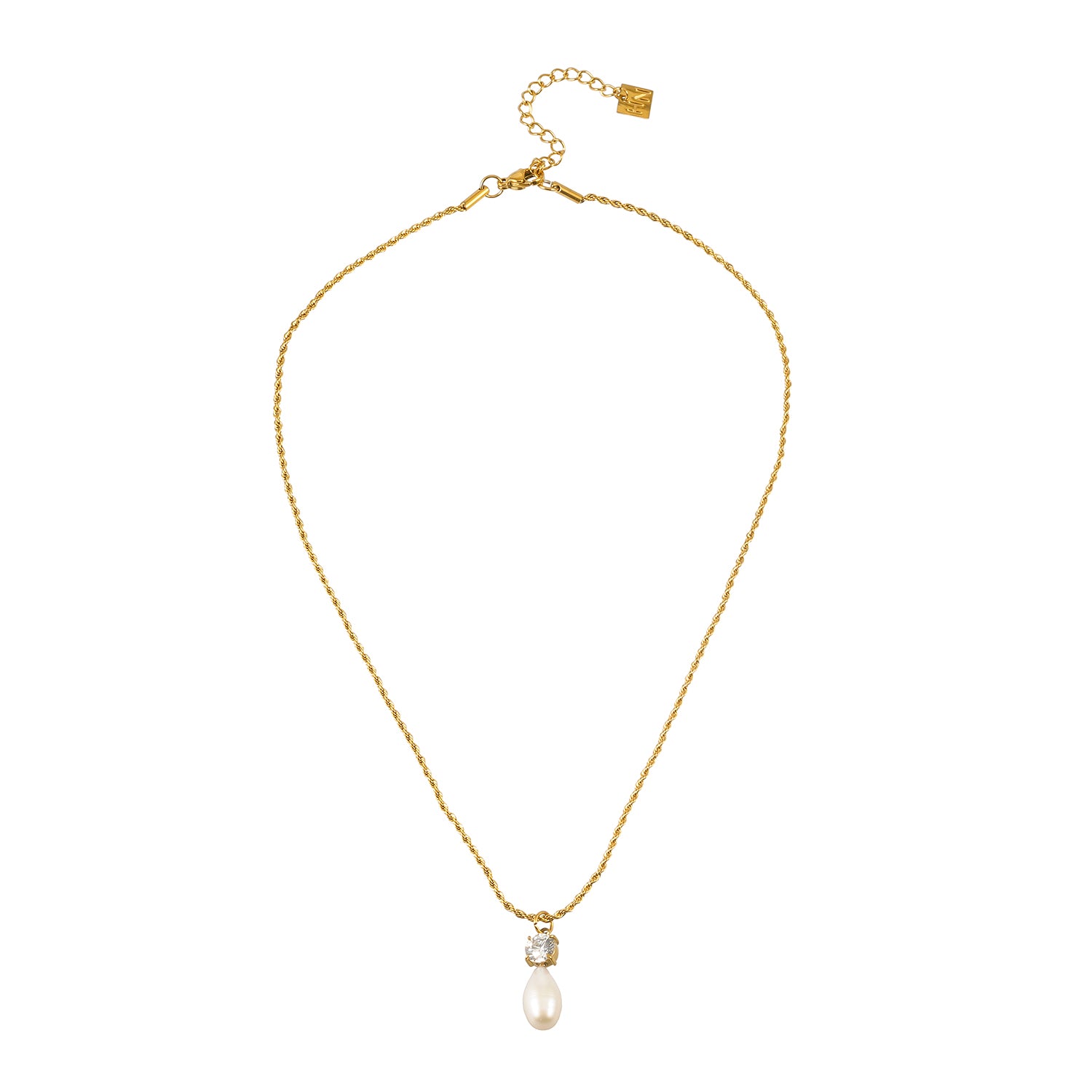 ORSOLIA Gold: Vintage Rope Chain Necklace with Freshwater Pearl & Solitaire Zirconia Charm