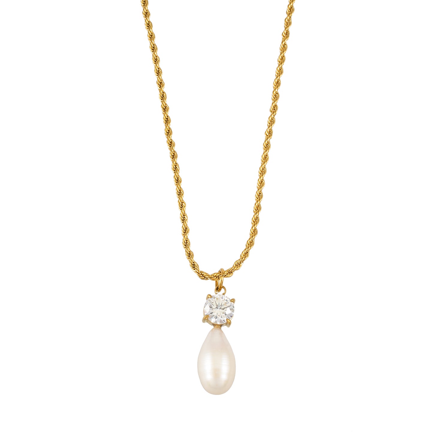 ORSOLIA Gold: Vintage Rope Chain Necklace with Freshwater Pearl & Solitaire Zirconia Charm