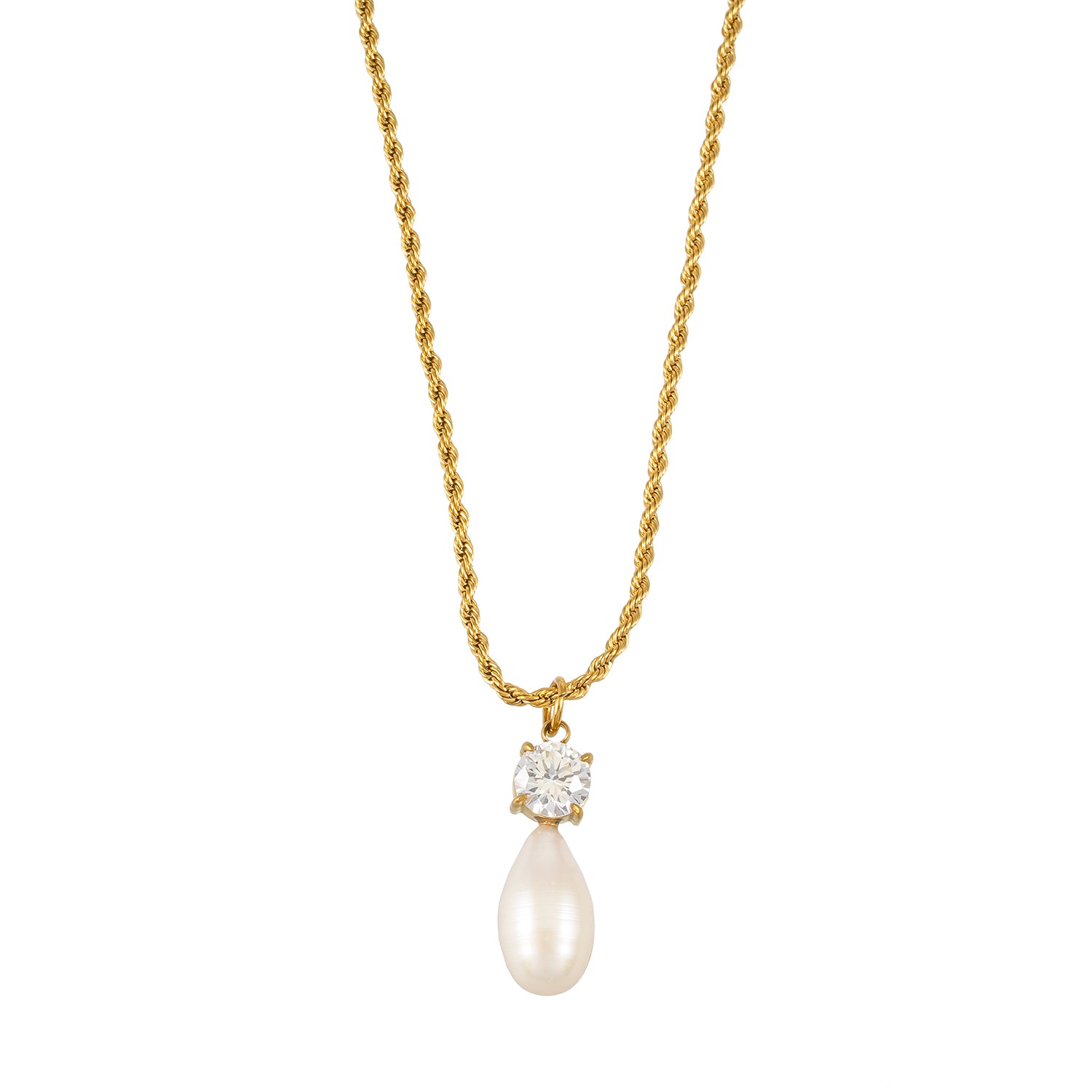 ORSOLIA Gold: Vintage Rope Chain Necklace with Freshwater Pearl & Solitaire Zirconia Charm