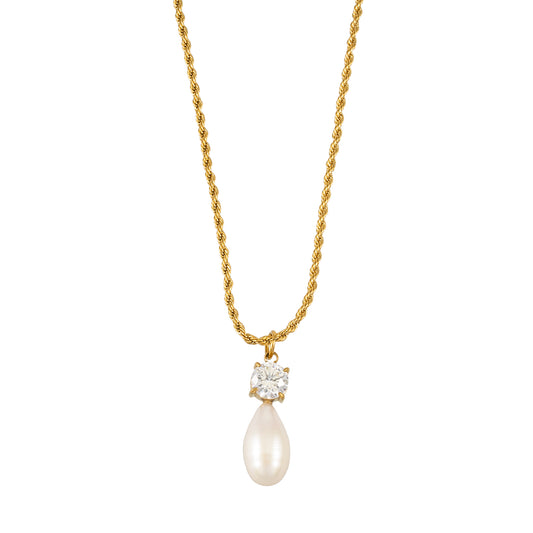 ORSOLIA Gold: Vintage Rope Chain Necklace with Freshwater Pearl & Solitaire Zirconia Charm