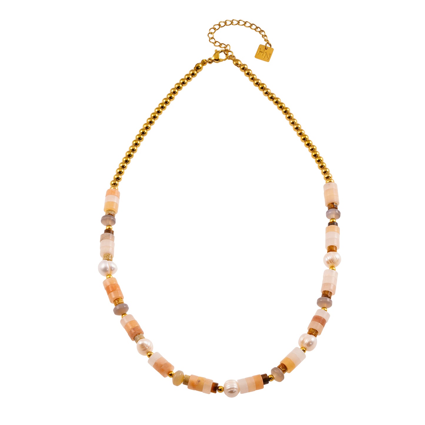 Style OSTIA 3758: Chalcedony Stones, Fresh Water Pearls &amp; Gold Ball-Beaded Necklace.