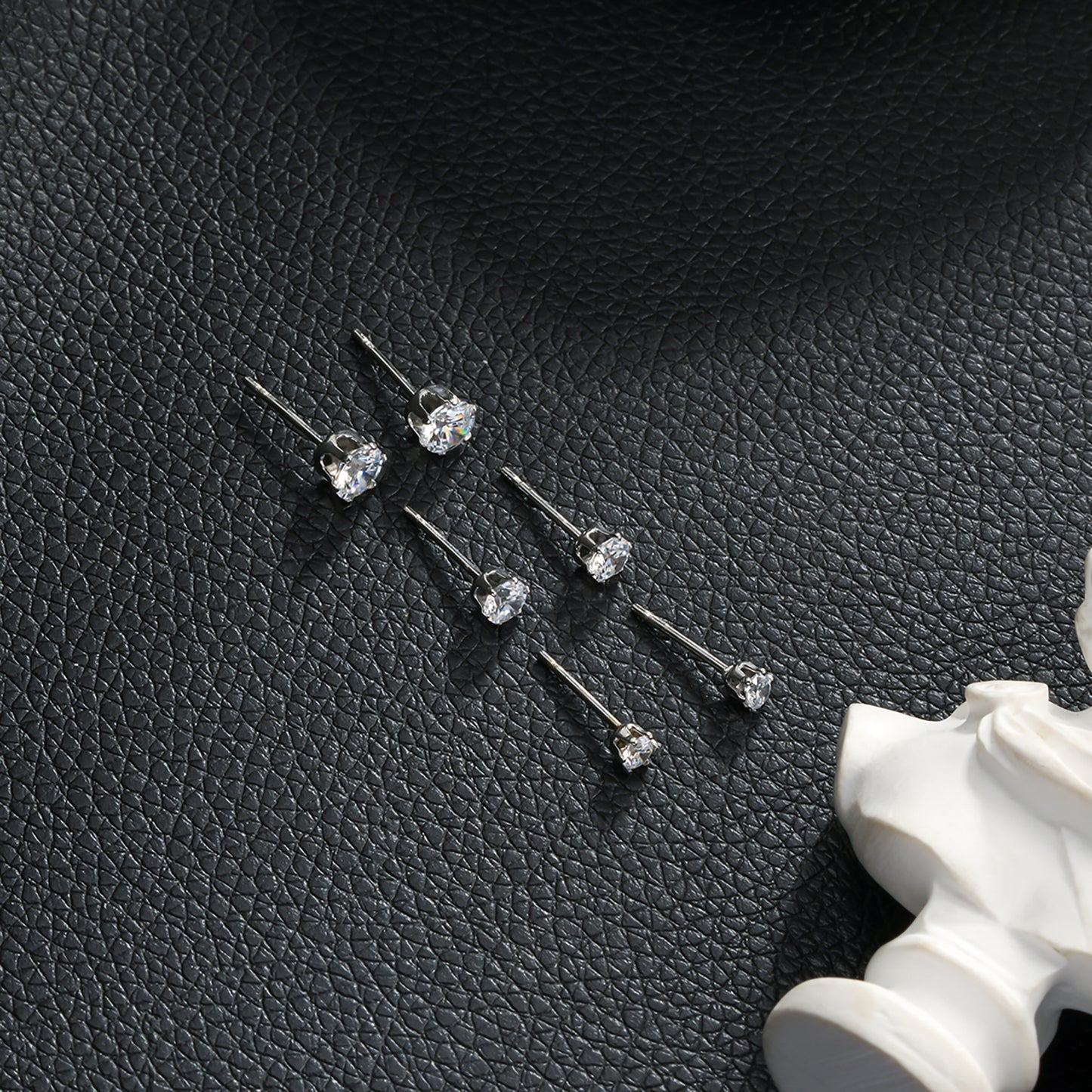 REIGN Silver (White Gold): 3-Pair Zirconia Earrings Stud Set