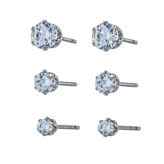 REIGN Silver (White Gold):  3-Pair Zirconia Earrings Stud Set