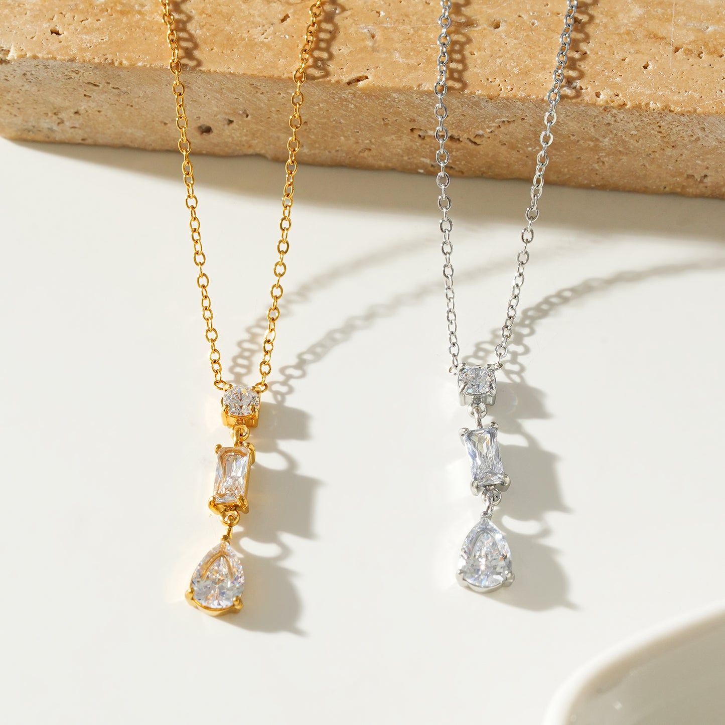 Style ROCHINA Gold & Silver: A Trio of Zirconia Charms Pendant Chain Necklace