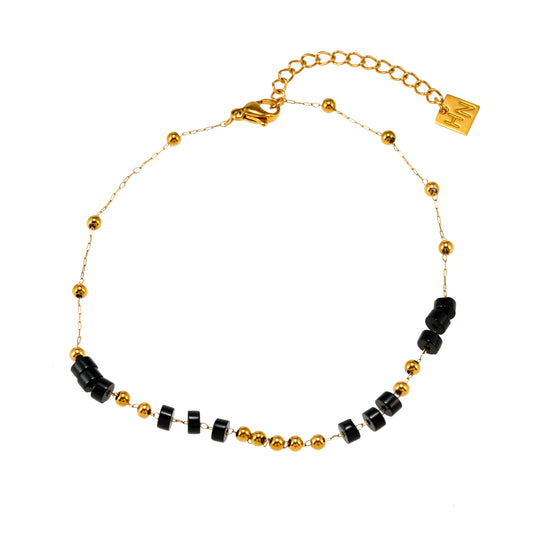 Style ROSARIO LG 1222: Black Onyx and Gold Beaded Chain Bracelet.