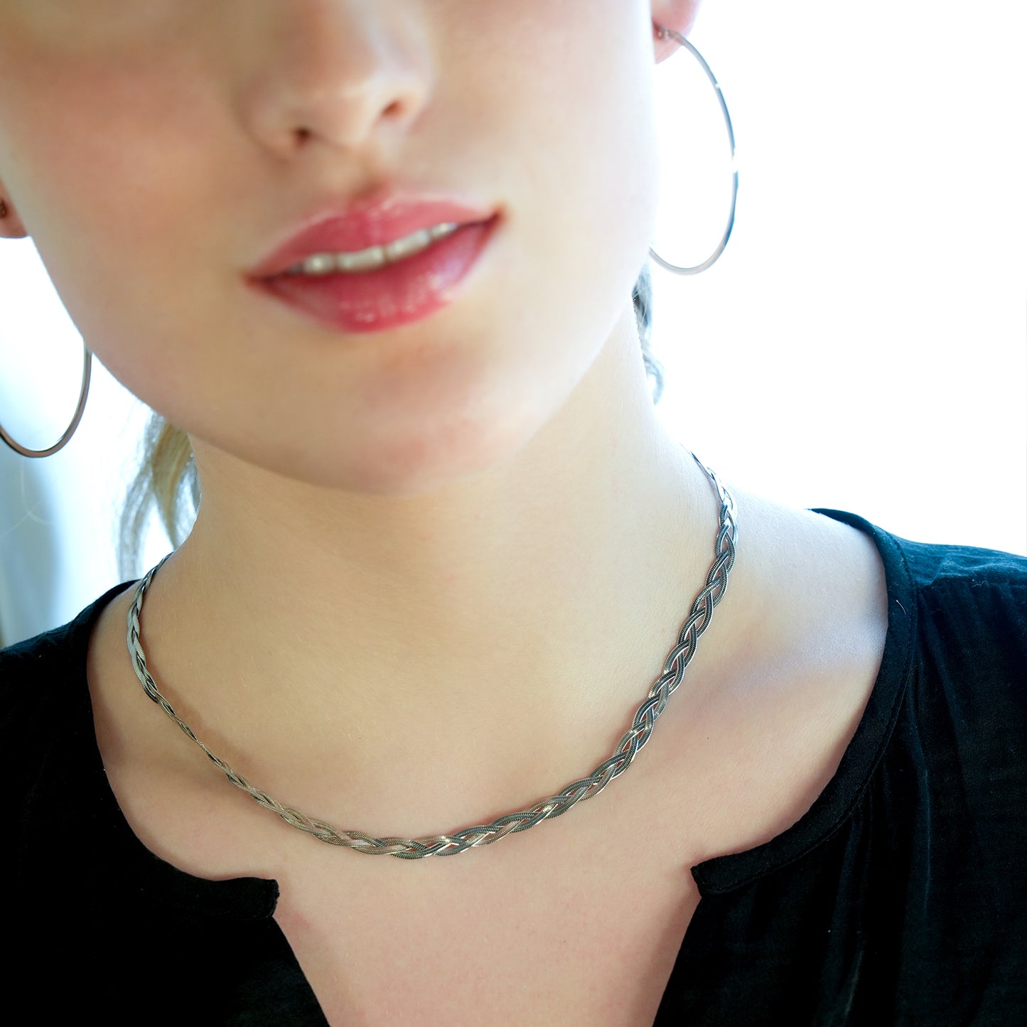 TARA White Gold (Silver Toned): Intertwined Herringbone Snake Skin Textured Necklace.