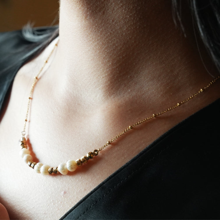 VILJA: Gilded Harmony Chain Necklace with Gold Beads and Freshwater Pearls