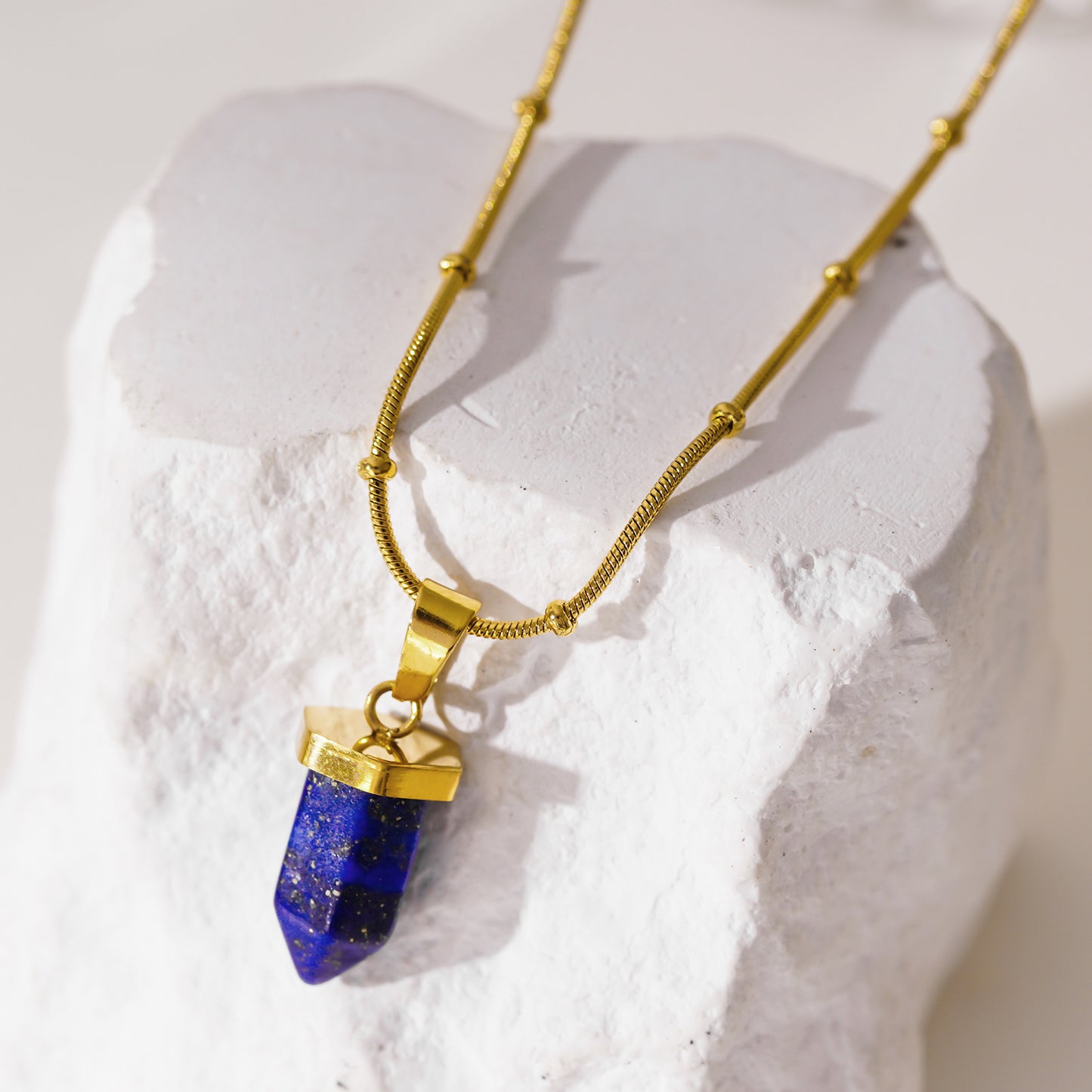 VIOLA: Lapis Lazuli Stone Pendant Anchored on a Beaded Snake Skin Textured Chain Necklace