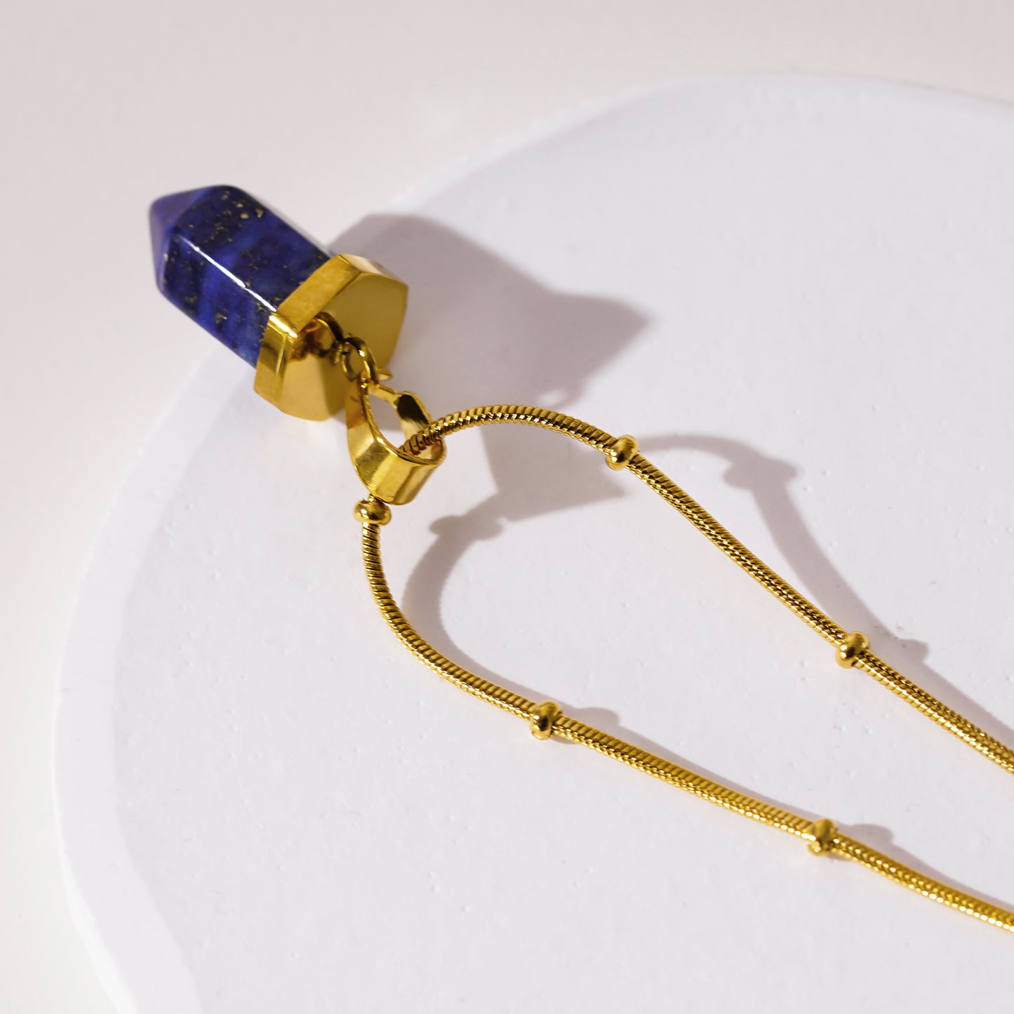 VIOLA: Lapis Lazuli Stone Pendant Anchored on a Beaded Snake Skin Textured Chain Necklace