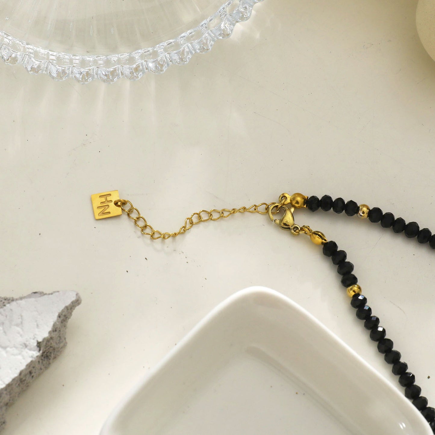 TATIANA Black Crystal & Gold Beaded Necklace