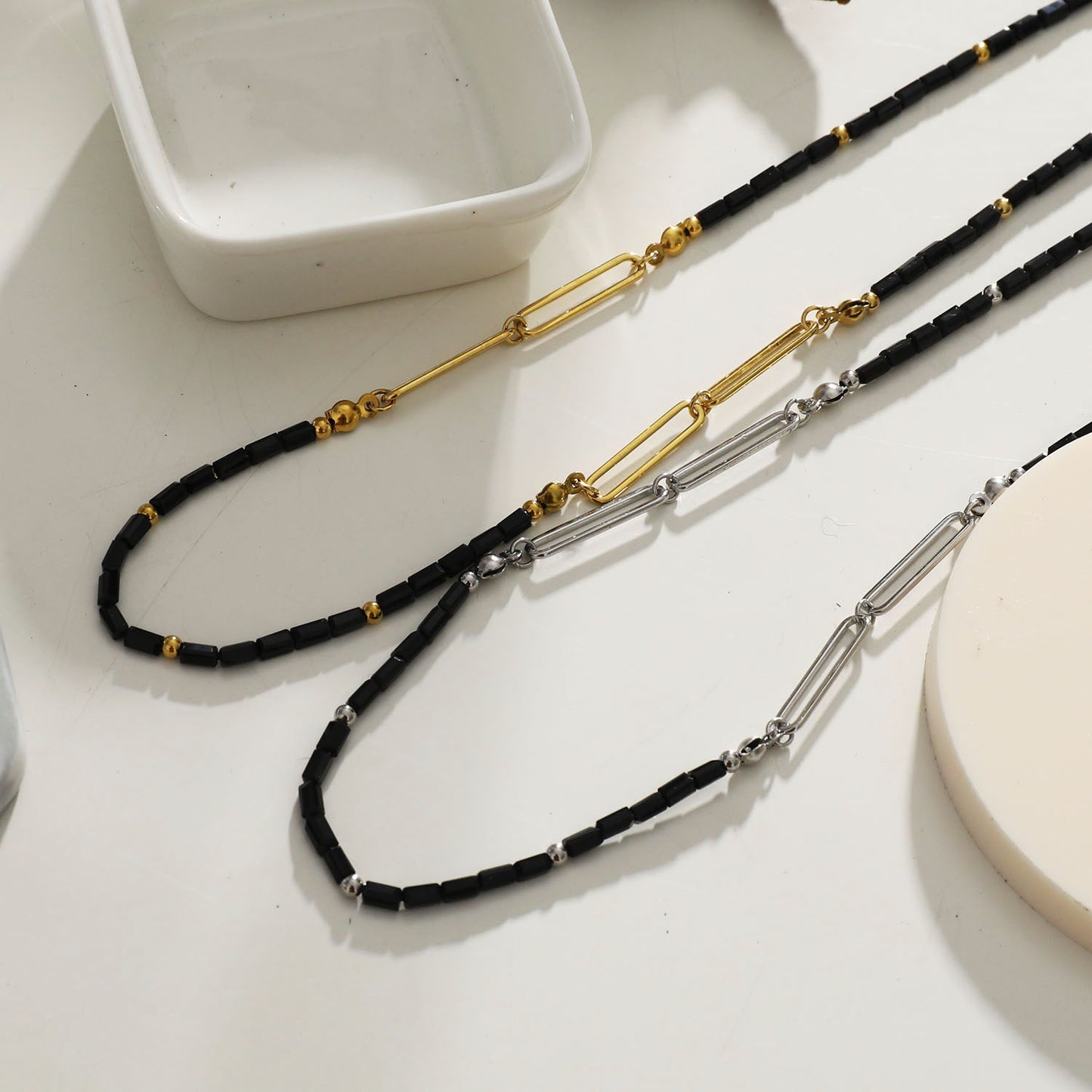 Style: LORENA 202208G Black & Gold Beaded Paperclip Chain Necklace