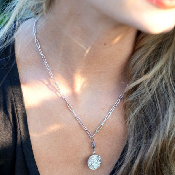 KAIA: Zirconia Embedded Silver Textured Disc Charm Necklace