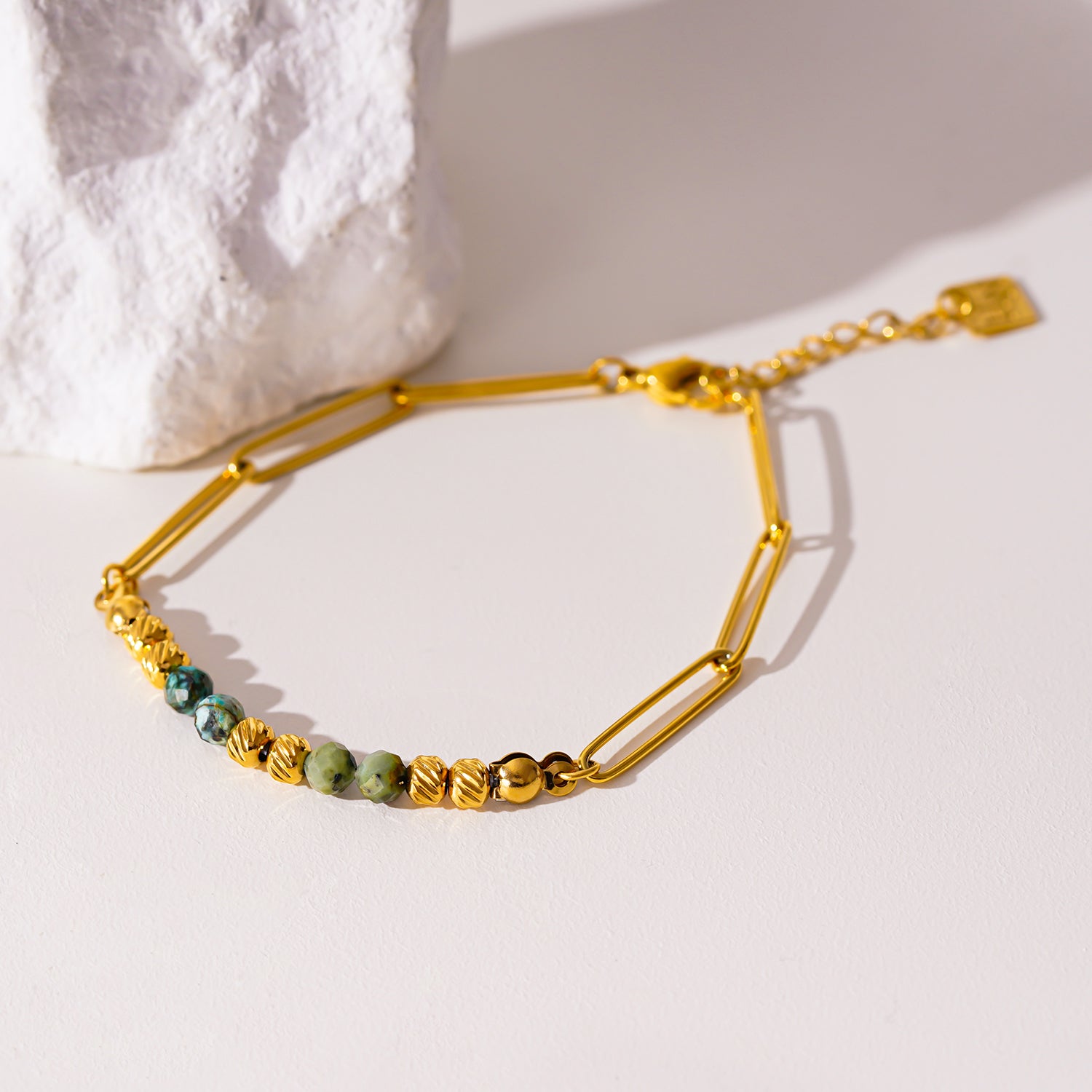 Style AIJAMI 6810: Link-Chain , Gold Beads & African Turquoise Natural Stones Bracelet.
