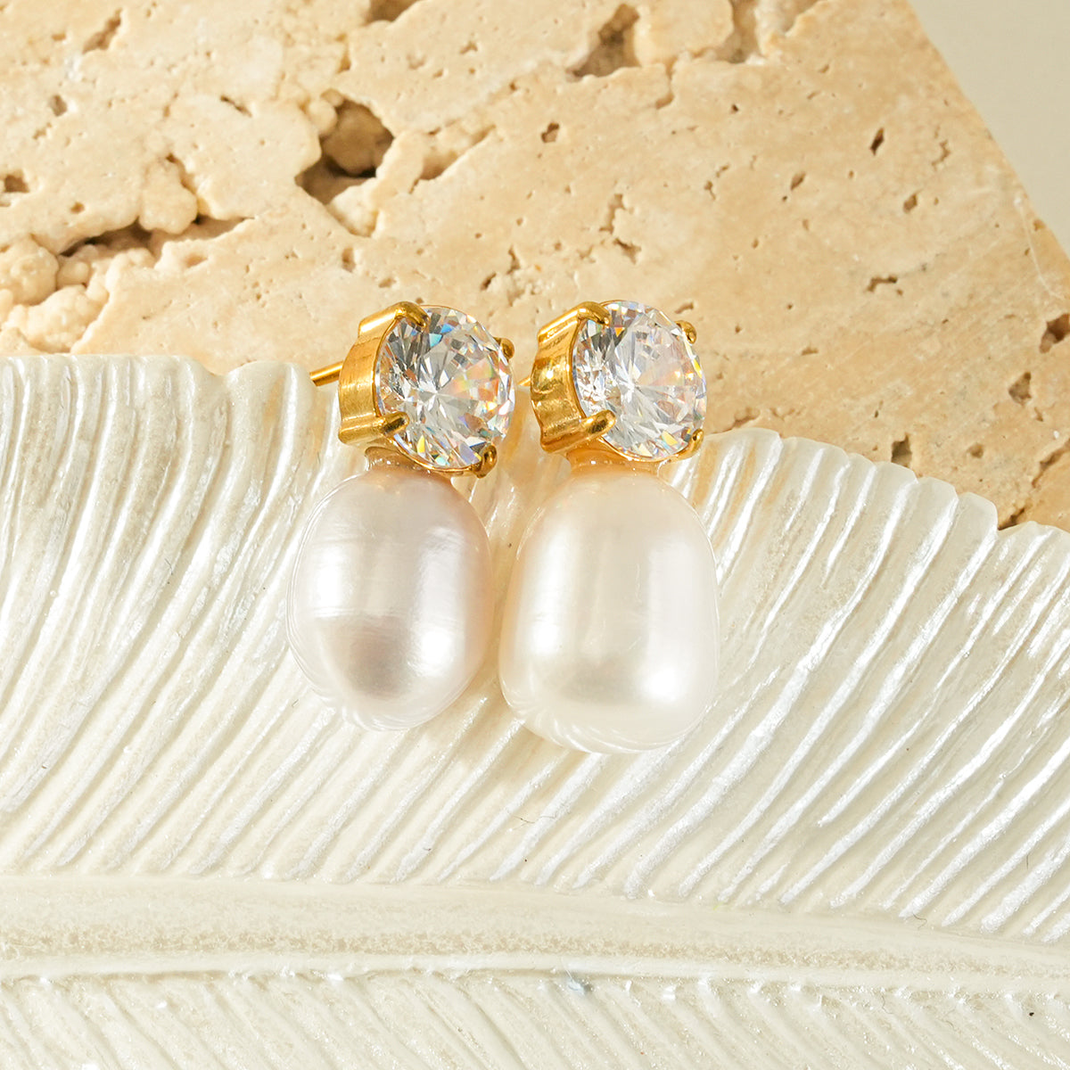 AISHANA Gold: Freshwater Pearl & Solitaire Zirconia Stud Earrings