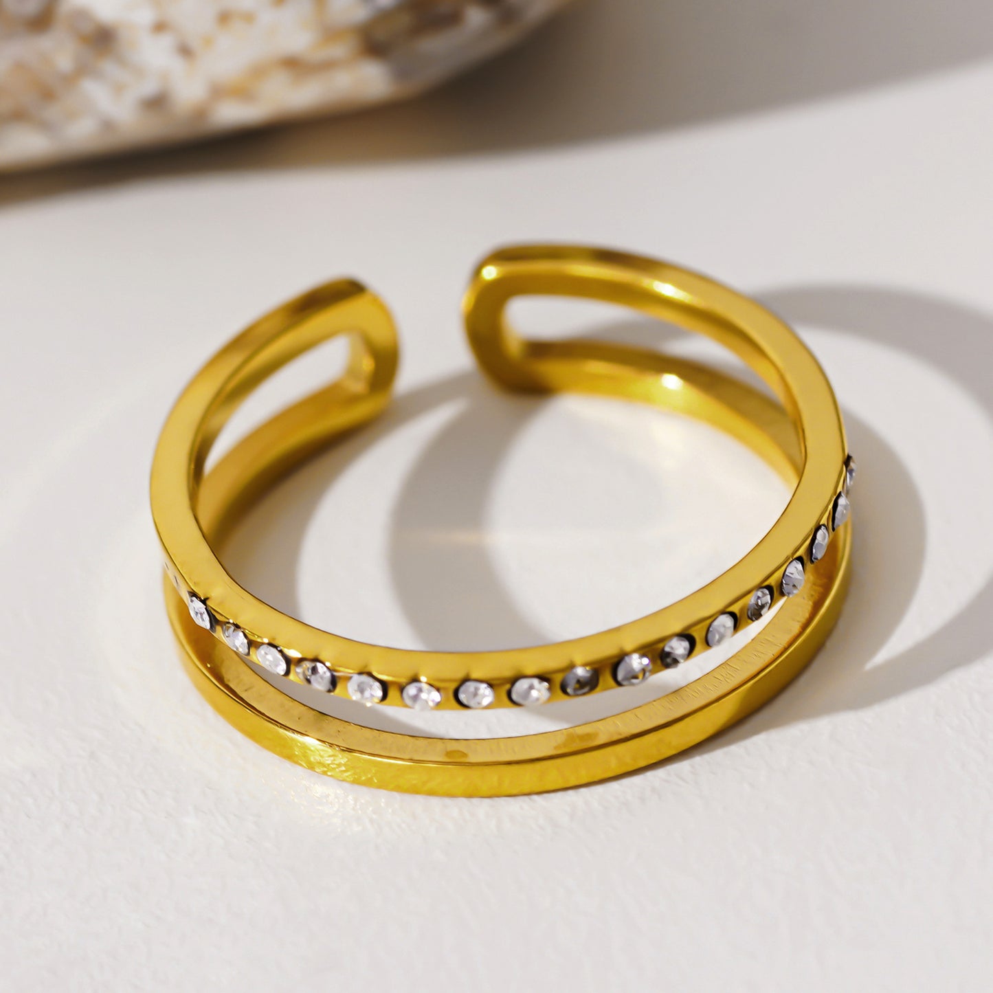 Style AIZA 4027: Twin Banded Ring with Pavé Zirconia & Smooth Finish Contrasting Surfaces.