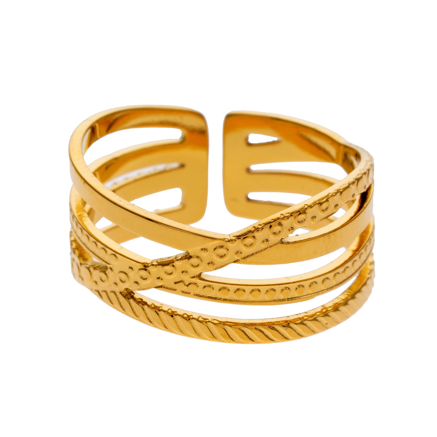 Style ALOIS 7793: Cross Over Multi Stacked Textured Gold Ring.