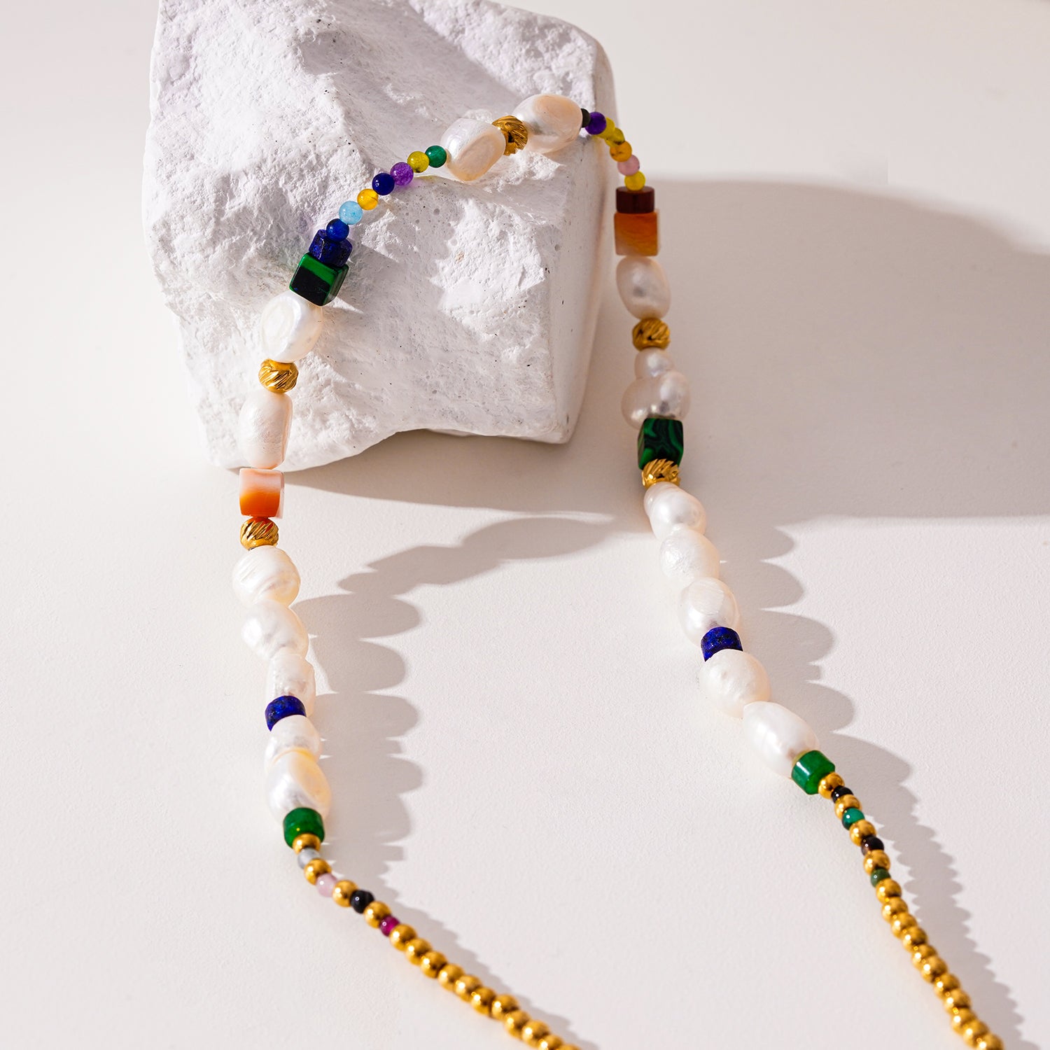 Style AMADIA 4663: Paradise Found - Colourful Necklace with Gold Beads, Natural Stones, and Freshwater Pearls.