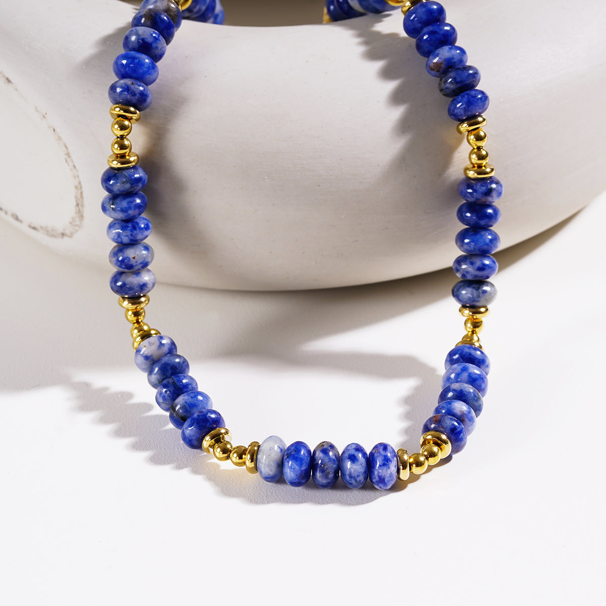ANJA: Sodalite Stone & Gold Beaded Modern Boho Chain Necklace