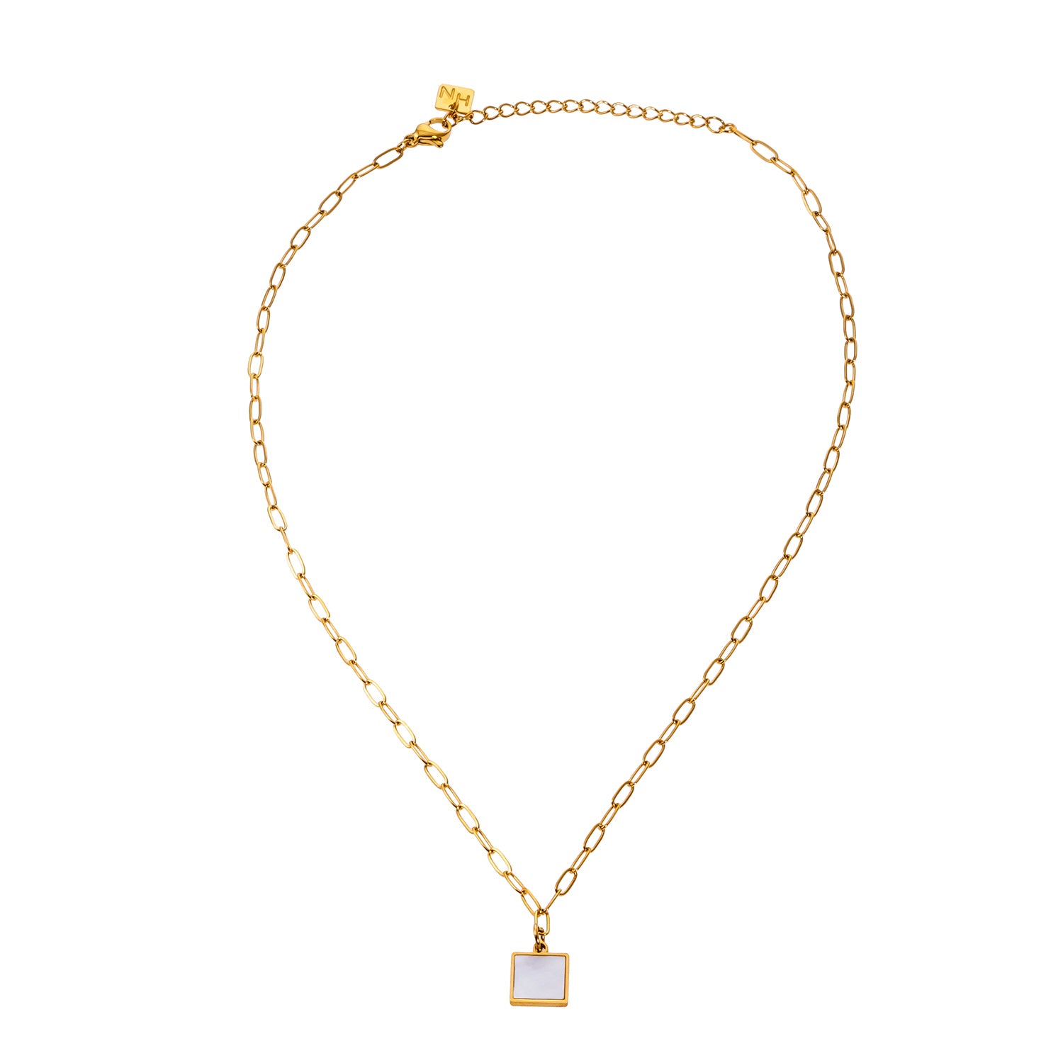 Style ANNABELLA 0092: Minimalist Metal & Shell Square Pendant on a Paper-Clip Chain Necklace.