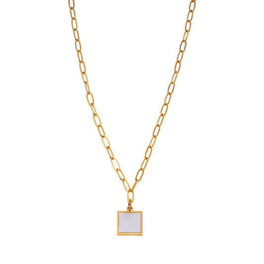 Style ANNABELLA 0092: Minimalist Metal & Shell Square Pendant on a Paper-Clip Chain Necklace.