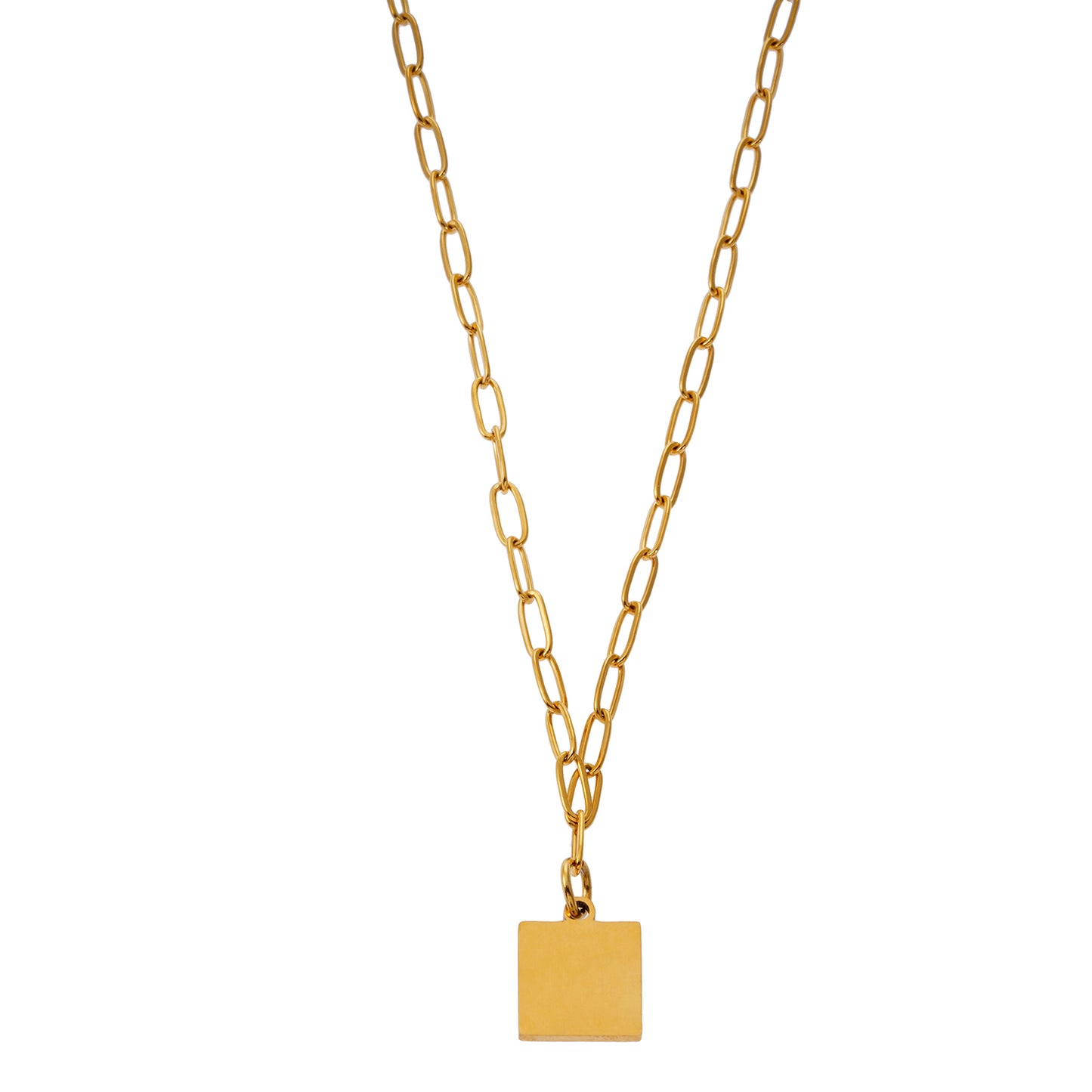 Style ANNABELLA 0092: Minimalist Metal & Shell Square Pendant on a Paper-Clip Chain Necklace.