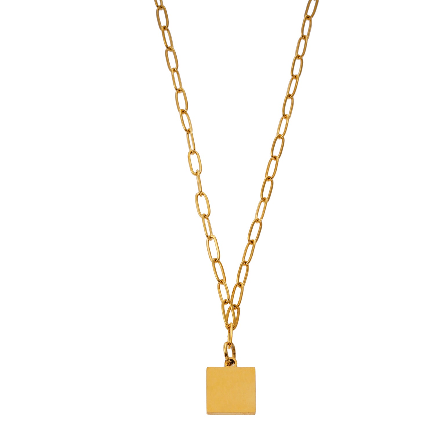 Style ANNABELLA 0092: Minimalist Metal & Shell Square Pendant on a Paper-Clip Chain Necklace.