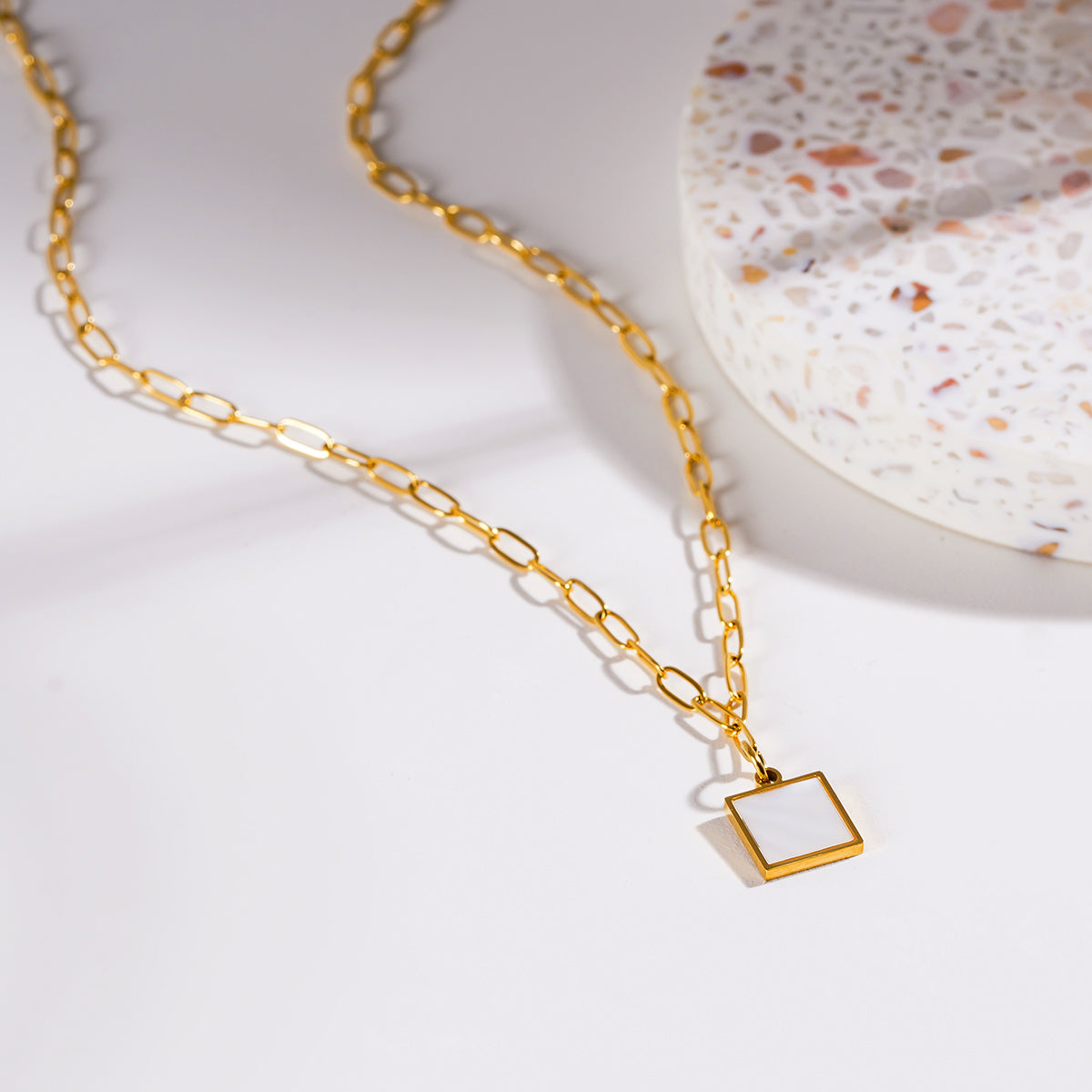 Style ANNABELLA 0092: Minimalist Metal & Shell Square Pendant on a Paper-Clip Chain Necklace.