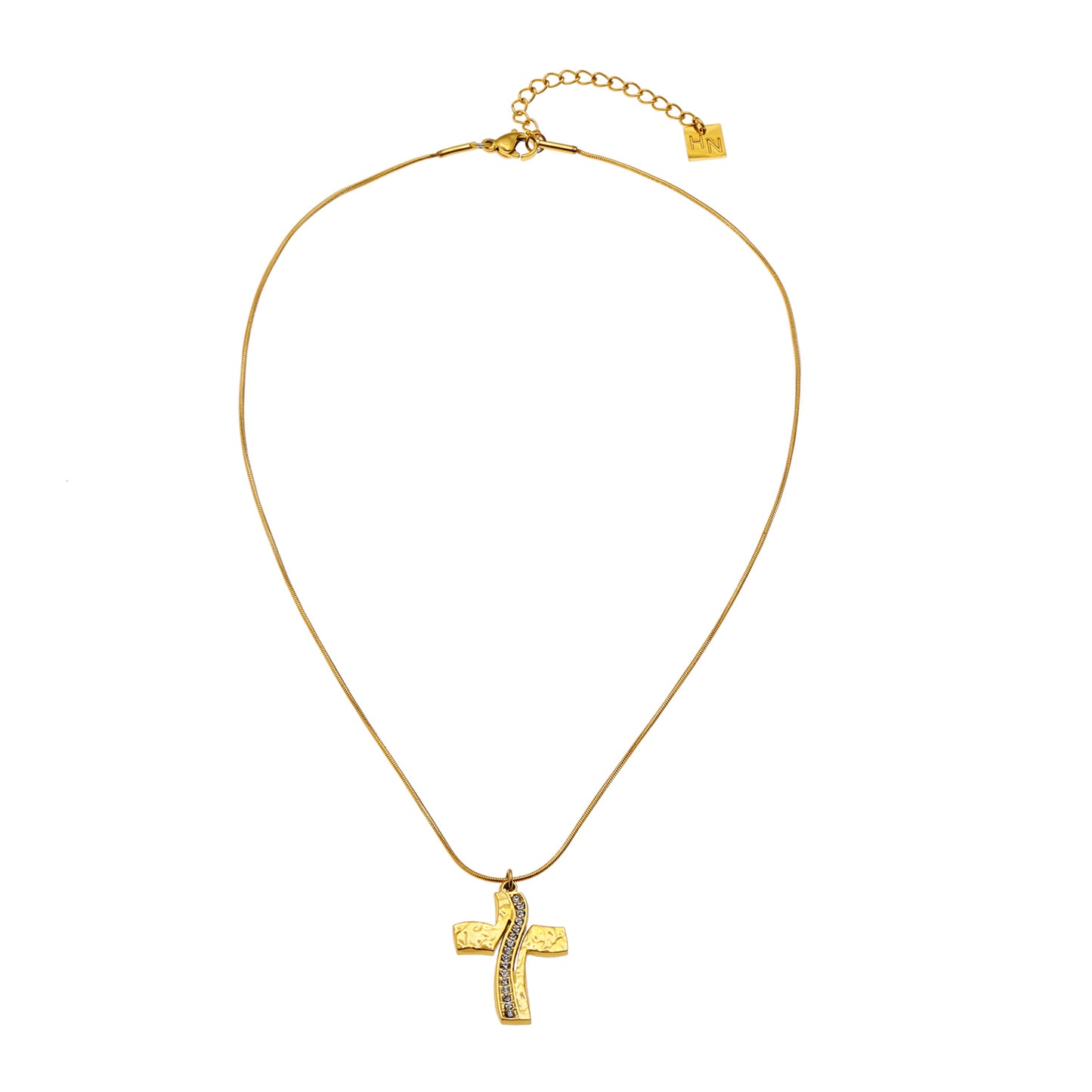 hackney-nine | hackney-nine-jewellery | Style ARCASSA 32303: Zirconia Embedded Hammered Finish Cross Pendant on a Mini Snake Skin Textured Chain Necklace.