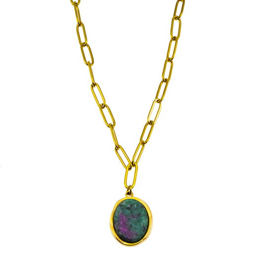 ASAMI 9649: Contemporary Paperclip Chain anchoring a Ruby Zoisite Oval Pendant