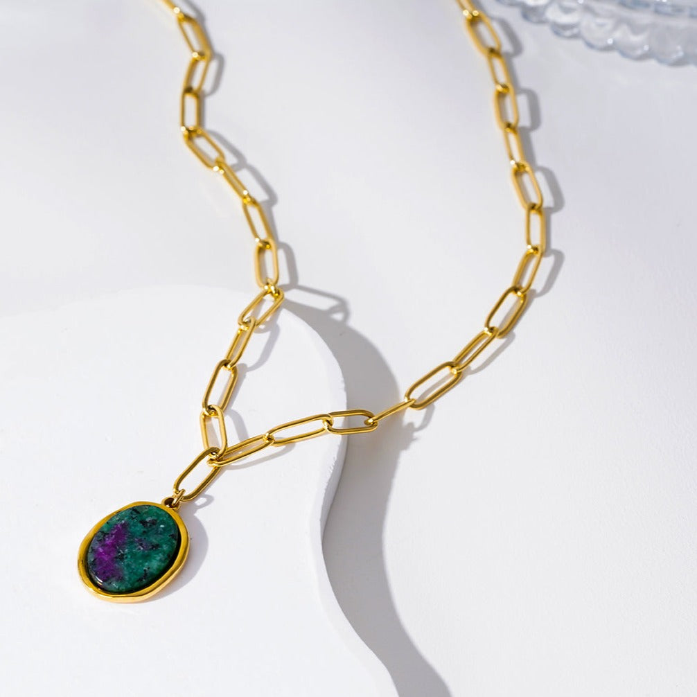 ASAMI 9649: Contemporary Paperclip Chain anchoring a Ruby Zoisite Oval Pendant