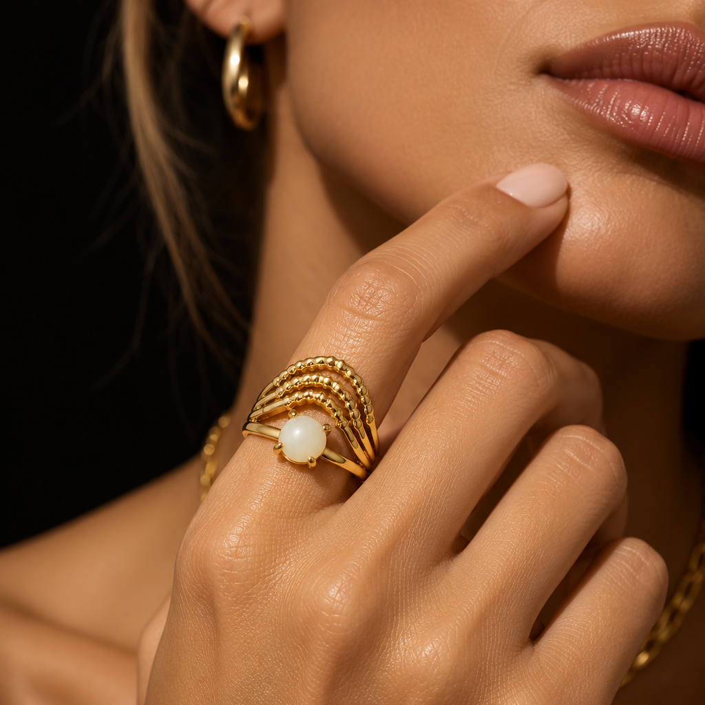 AURELYSSE Gold Ring: Sculpted Gold Layers with Ivory Stone
