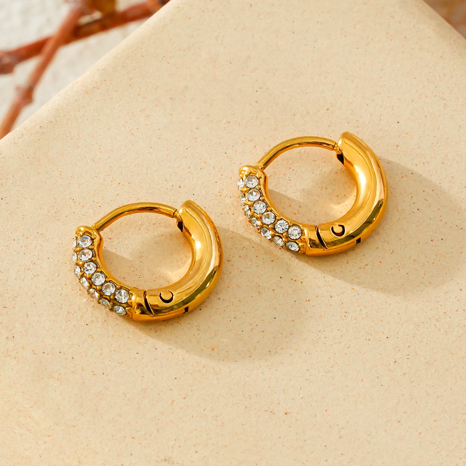 BISHO Gold: Twin Rows of Pavé Zirconia on Classic Mini Hoop Earrings