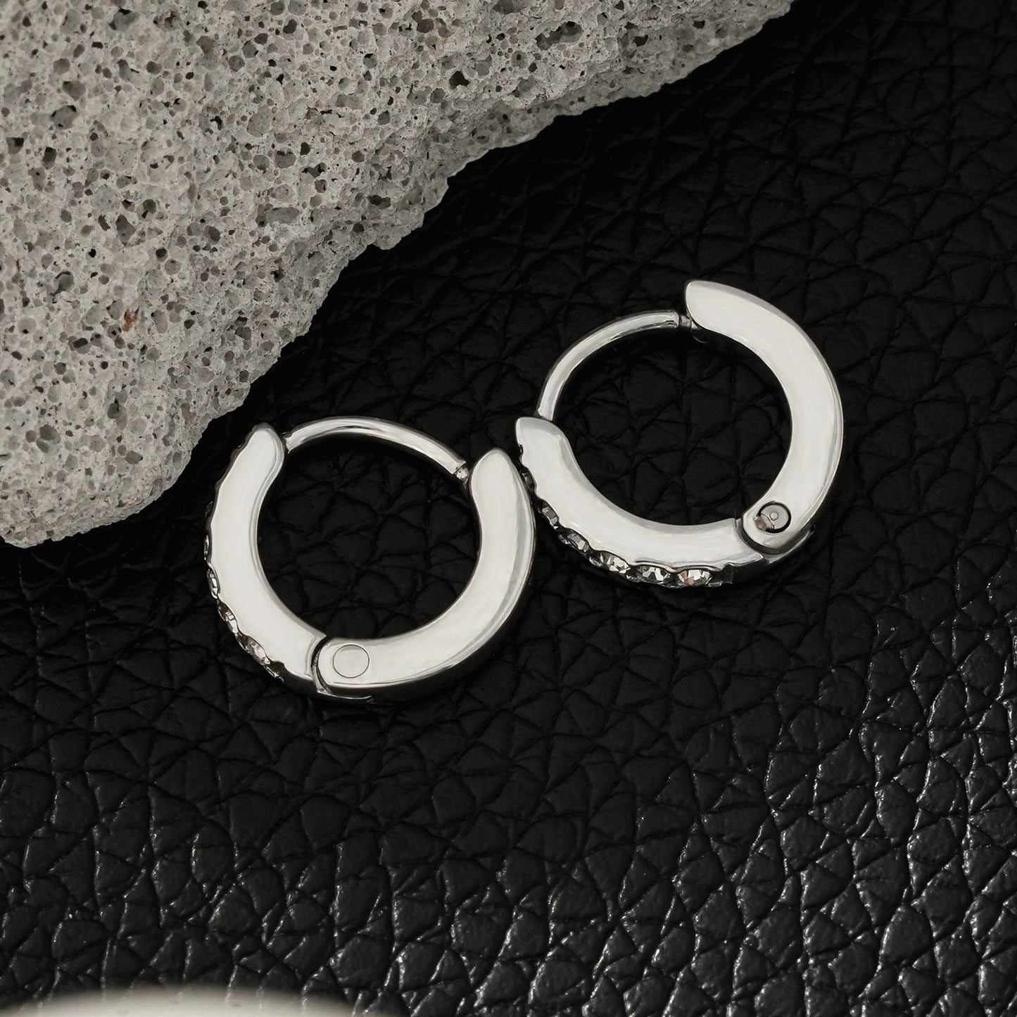 BLIJDE Silver (White Gold): Single Row Pavé Zirconia (CZ) Mini Hoop Earrings 