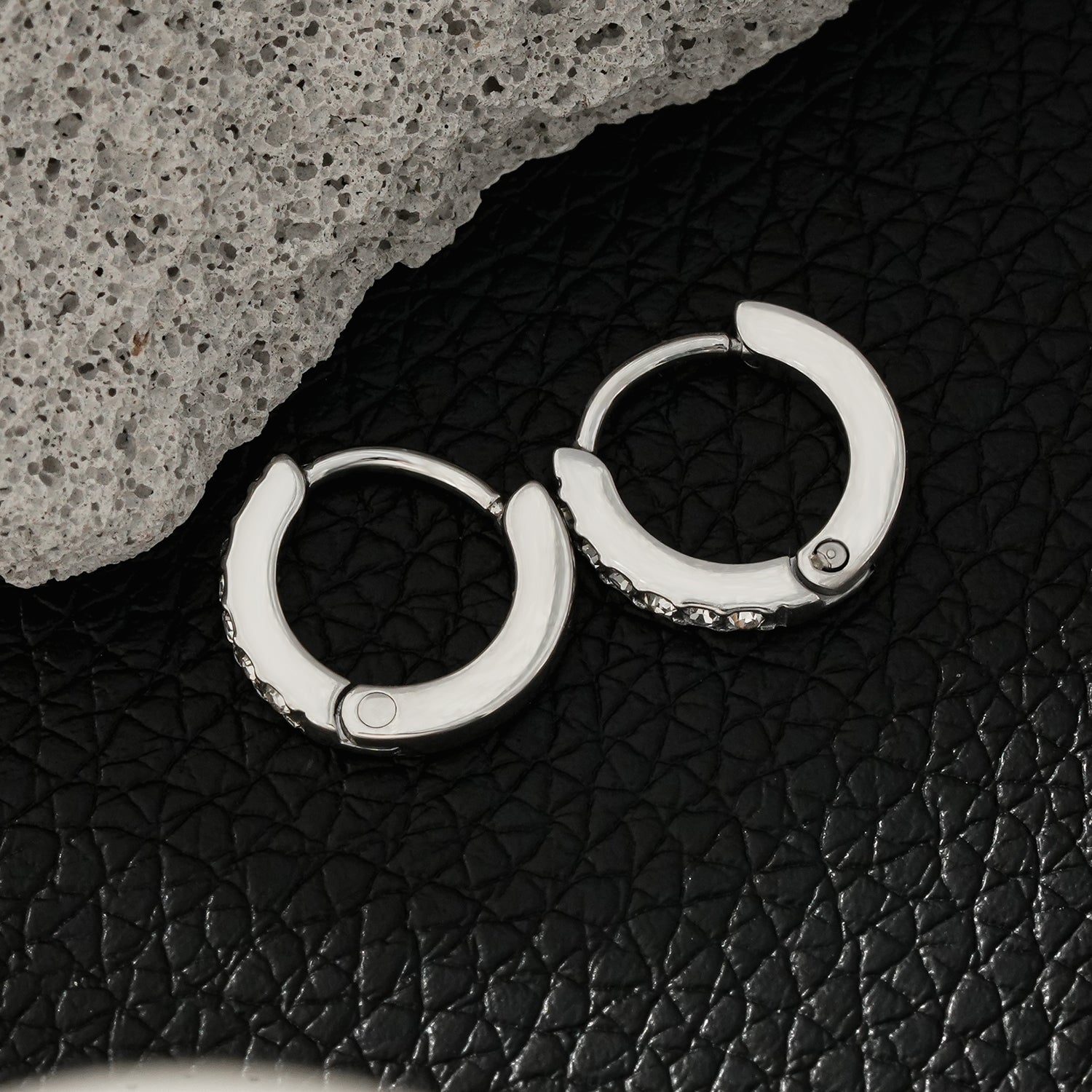 BLIJDE Silver (White Gold): Single Row Pavé Zirconia (CZ) Mini Hoop Earrings 