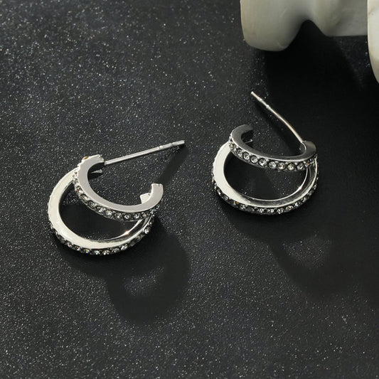 BOTTEGA: Double Banded Pavé Zirconia (CZ) Gemstones Embedded Hoop Earrings in Silver