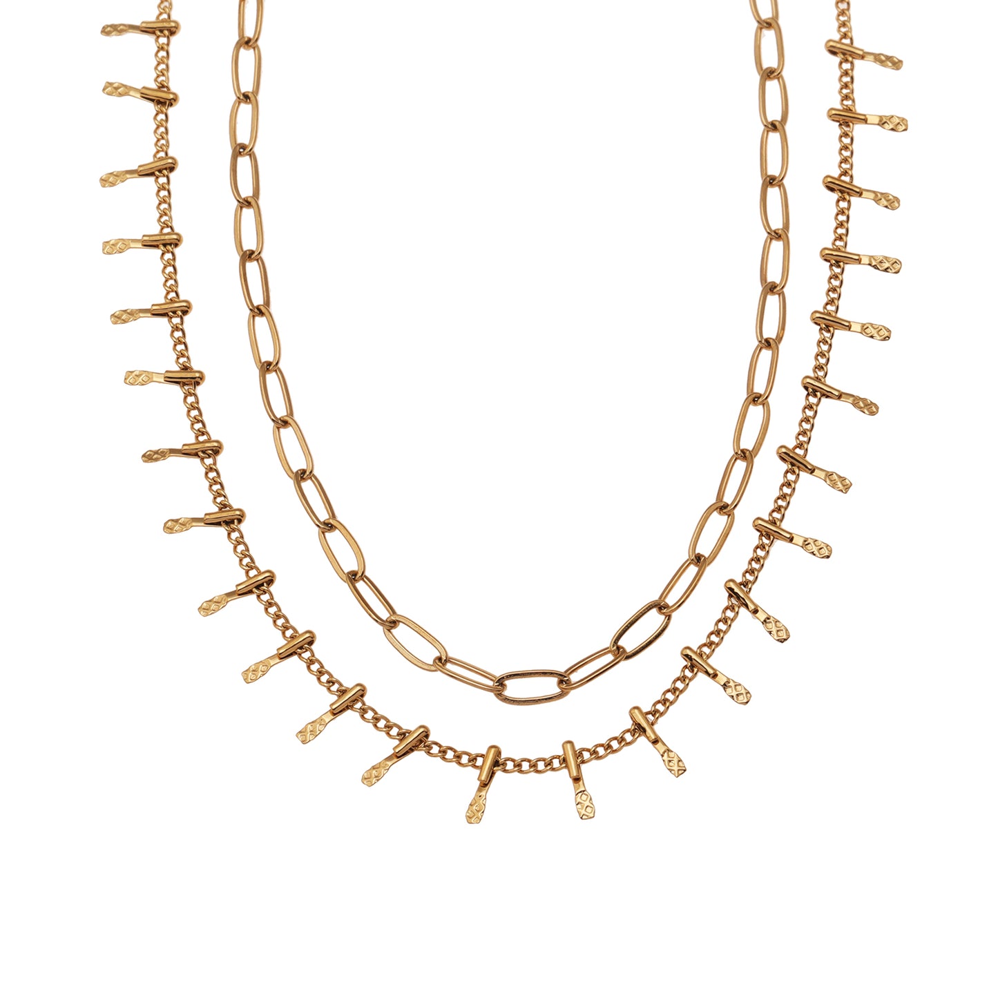 Style BRONTE 85460:  Layered 2-Chain Necklace with Minimalist PaperClip Chain & Ornate Hook Chain.