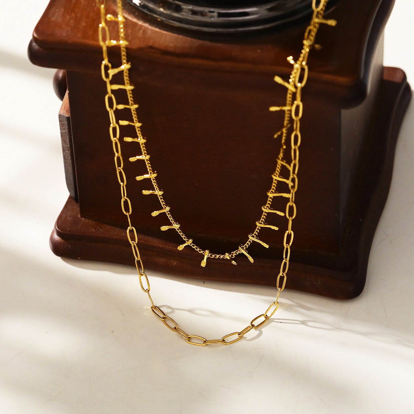 Style BRONTE 85460:  Layered 2-Chain Necklace with Minimalist PaperClip Chain & Ornate Hook Chain.